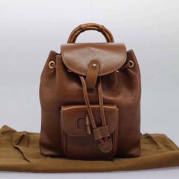 GUCCI Bamboo Backpack Leather Brown Gold Auth bs23503 - Picture 14 of 16